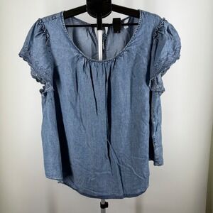 LC Lauren Conrad Womens Plus 2X Chambray Eyelet Flutter Sleeve Blouse Blue Denim